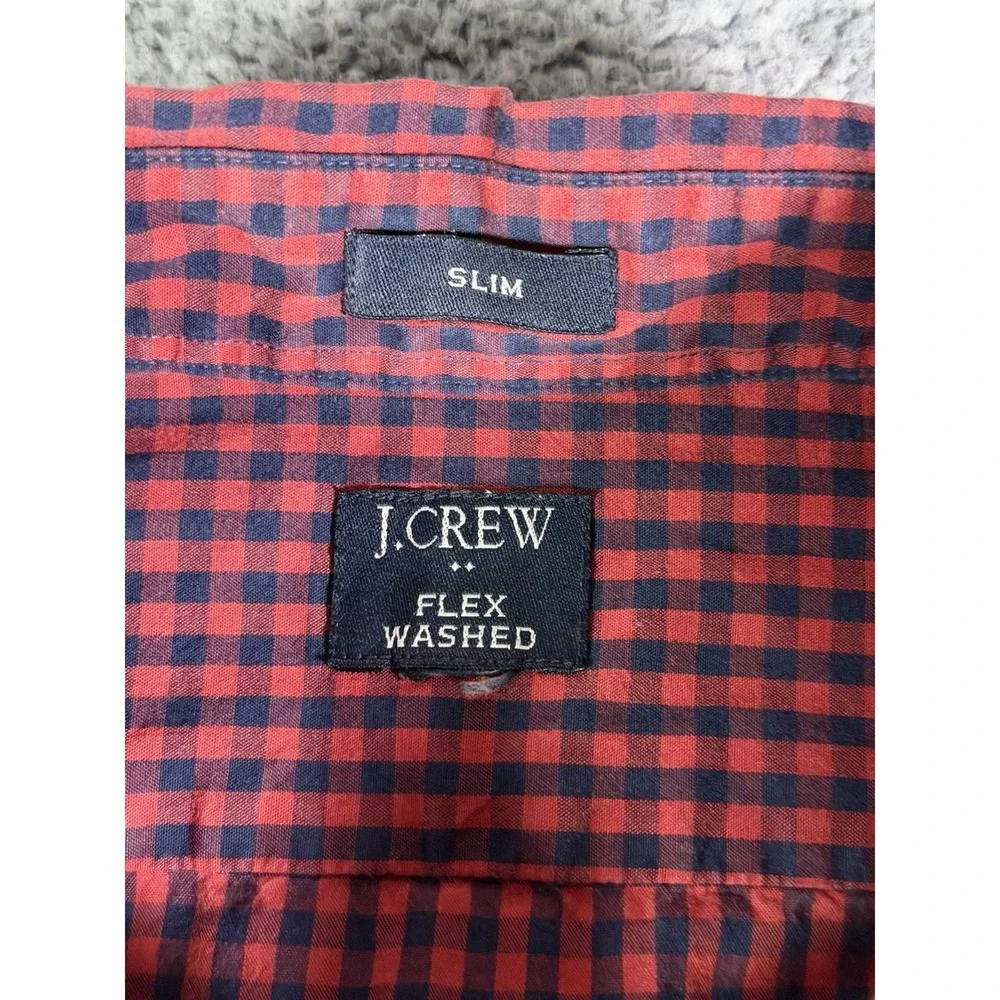 J Crew Slim Fit Flex Washed Red Navy Gingham Check Button Down Mens XL Preppy